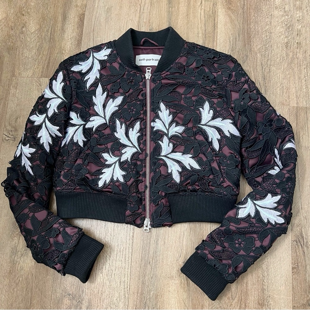 Self-Portrait Black Bomber Jacket with White Floral Embroidery and Burgundy Trim - Picture 9 of 12